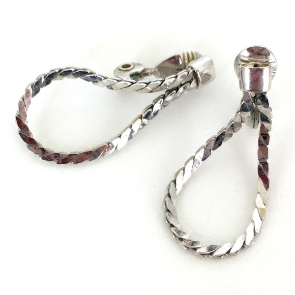 Monet Jewelry - Vintage Signed Monet Shiny Silver Clip On Earrings Chain Loop Drop Earrings